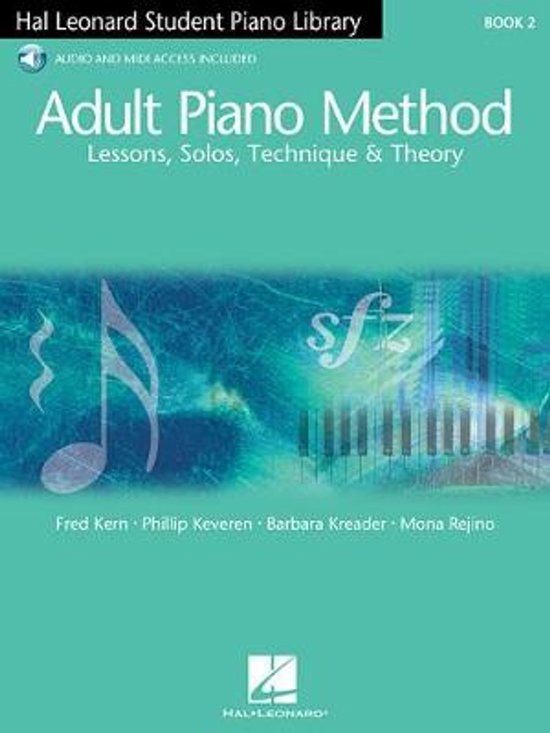 Livre : Adult Piano Method, Livre 2. Avec des notes de musique et une image de clavier sur fond vert.