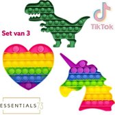 ESSENTIALS73 Pop iT Fidget Set van 3: Unicorn + Hart + Dino - Regenboog - Rainbow - Dinosaurus - Tiktok