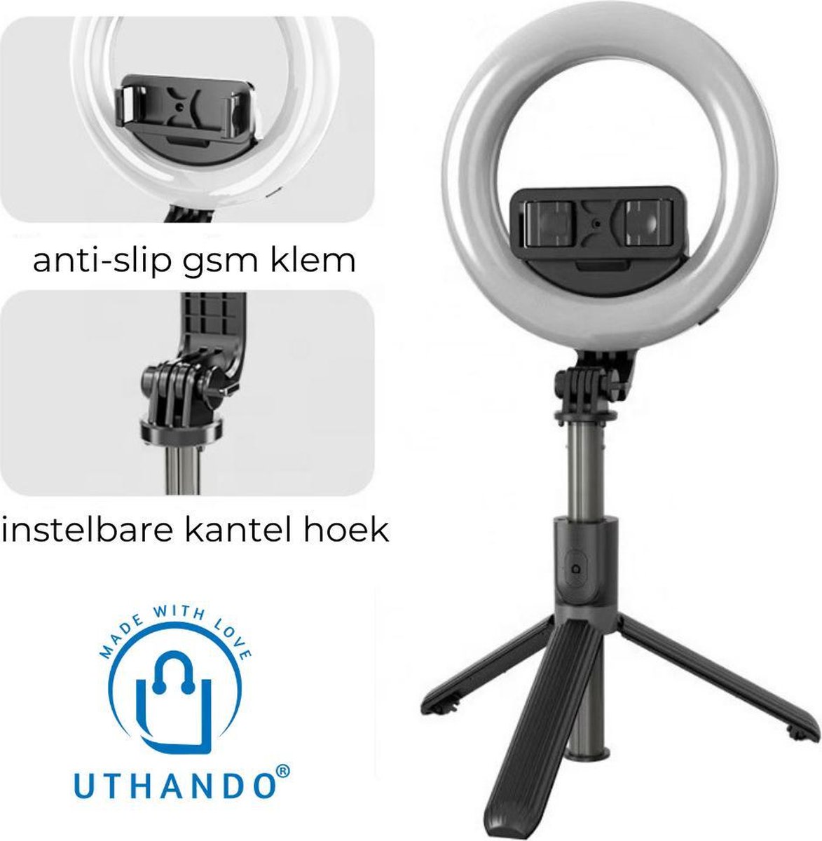 Ringlamp - Uthando - Tiktok lamp - Selfie stick - Tripod - Telefoonhouder - Selfie light - Statief smartphone