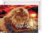 Leeuw met leeuwin in zonsondergang - Schilderen op nummer - Met frame - 40x50 cm