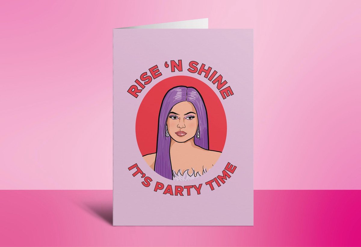 Kaart - Rise and Shine - It's Party Time - Verjaardag - Kylie Jenner - Kardashian - Roze - Paars - Vriendin - Studio Soph