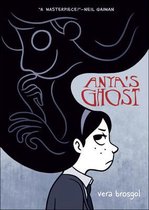 Boekcover van Anya's Ghost met een meisje in profiel en een schaduwachtig figuur boven haar hoofd. "A MASTERPIECE!" - NEIL GAIMAN