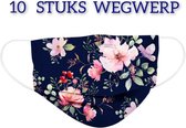 Bloemen wegwerp mondmaskers - Blauw  - per 10 stuks