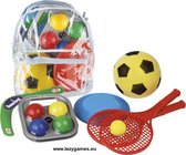 Camping Sportset à Tas - Boomerang, un frisbee, un set de tennis (2 raquettes ø 21 cm avec balle) et une balle molle