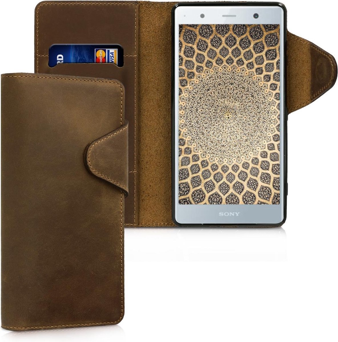 kalibri telefoonhoesje voor Sony Xperia XZ2 Premium - Hoesje met pasjeshouder en standaard - bruin - Wallet case