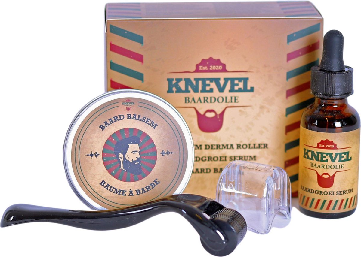 Knevel baard verzorging set en baardgroei kit - baardverzorging set - Baardgroei olie 30 ml - baardbalsem 60 gram - baard balsem - baardolie - dermaroller. 100% natuurlijk