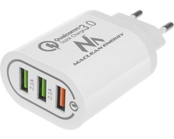 Maclean Energy MCE479 W - Adapter oplader - Oplaadstekker - wit Qualcomm Quick Charge QC 3.0 - 3.6-6VV / 3A, 6-9V / 2A, 9-12V / 1.5A en 2 stopcontacten 5V / 2.1A Wit