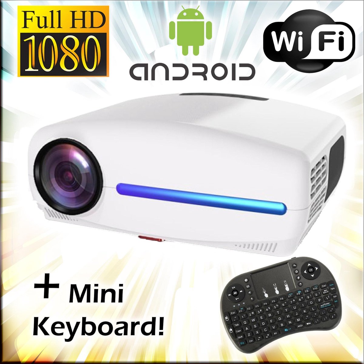 Full HD beamer / 1080p projector + Android 9 + Wifi +Digital Keystone + Phone mirroring + Bluetooth + 6800 lumen + mini keyboard! - Home theatre
