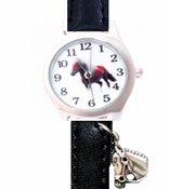 Paarden Horloge- Zwart- Leder- paarden- met bedeltje- Met batterij - Extra ketting-Charme Bijoux