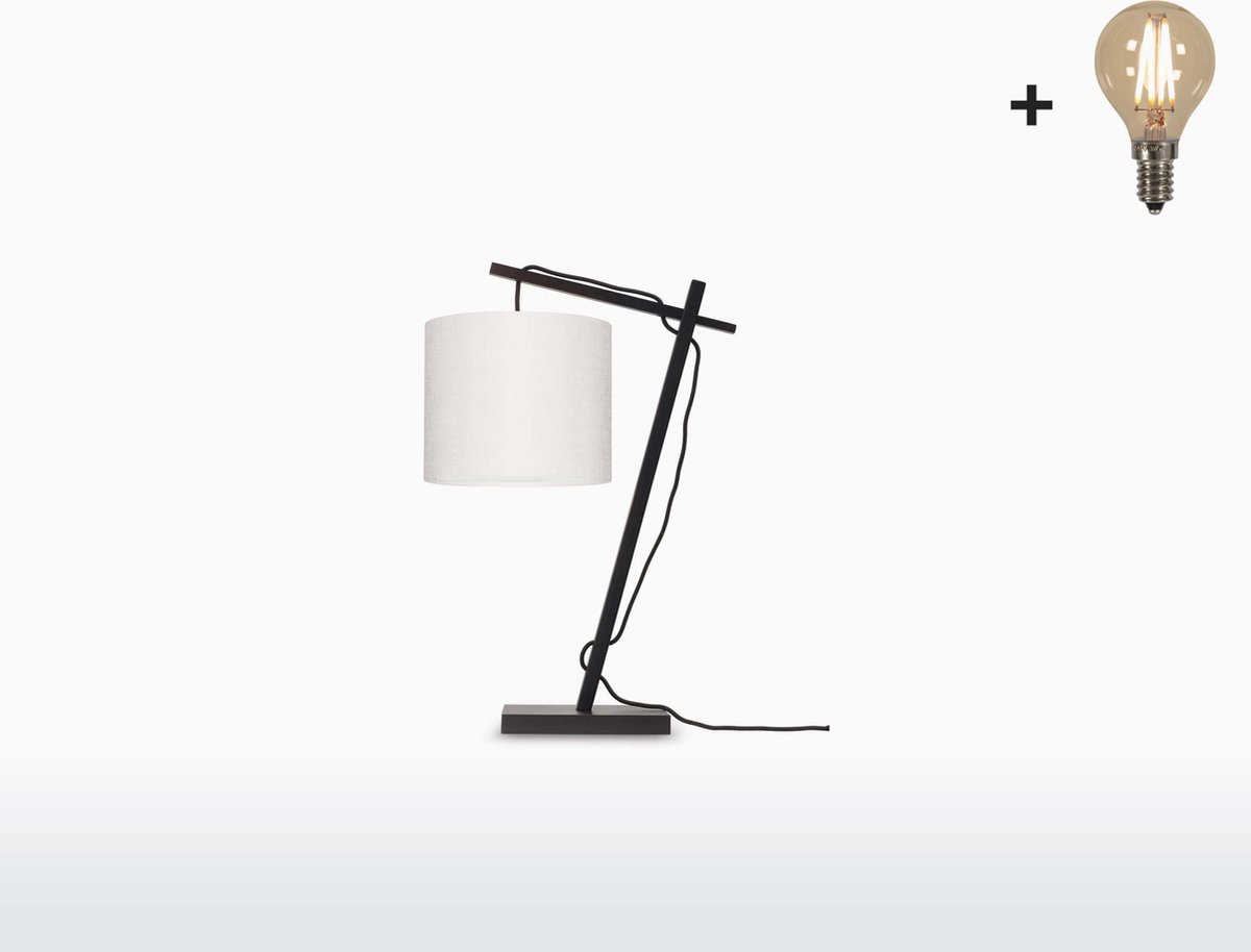 Tafellamp – ANDES – Zwart Bamboe - Wit Linnen - Met LED-lamp
