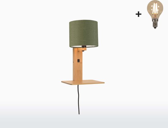 Wandlamp met boekenplank - ANDES - Naturel Bamboe - Groen Linnen - Met LED-lamp