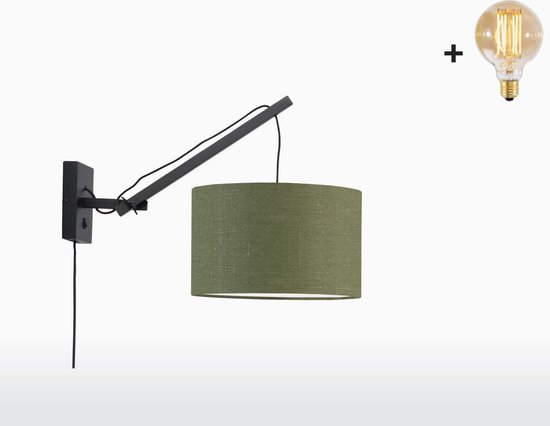Wandlamp met Korte Arm - ANDES - Zwart Bamboe - Groen Linnen - Met LED-lamp