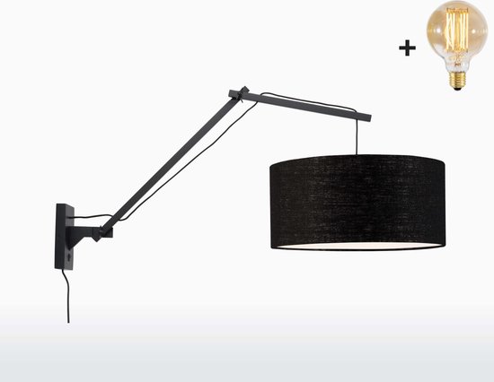 Wandlamp met Lange Arm - ANDES - Zwart Bamboe - Zwart Linnen - Met LED-lamp