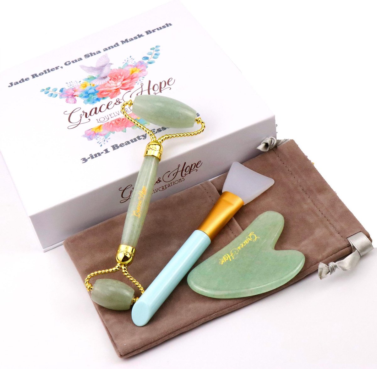 Grace & Hope - Quartz JadeRoller, Gua Sha et Mask Brush 3-en-1 Beauty  Essentials 