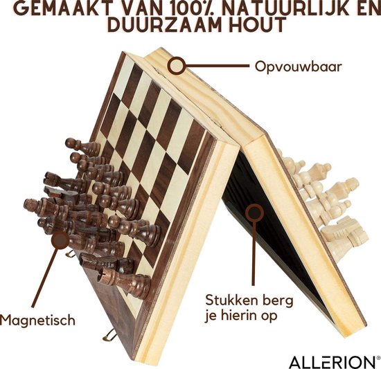 Thumbnail van een extra afbeelding van het spel Allerion® Luxe Schaak Set - Schaken - 100% natuurlijk hout - in handige opbergkoffer - Bord grootte 38cm x 38cm - Met 2 extra Dames - Voor Beginners en Experts - Inclusief uitgebreide schaak-handleiding
