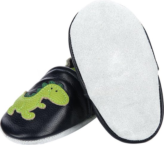 Donkerblauwe babyslofjes met groene dinosaurusapplicatie, groene rand en witte zool, opengewerkt.