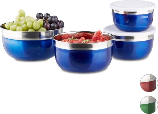 Lot De 5 Saladiers En Inox Avec Couvercles Plastique Relaxdays - Tailles Assorties, Hermétiques, Empilables