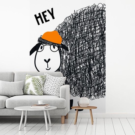 Illustration pour enfants avec la citation 'Hey' et un mouton 200x300 cm