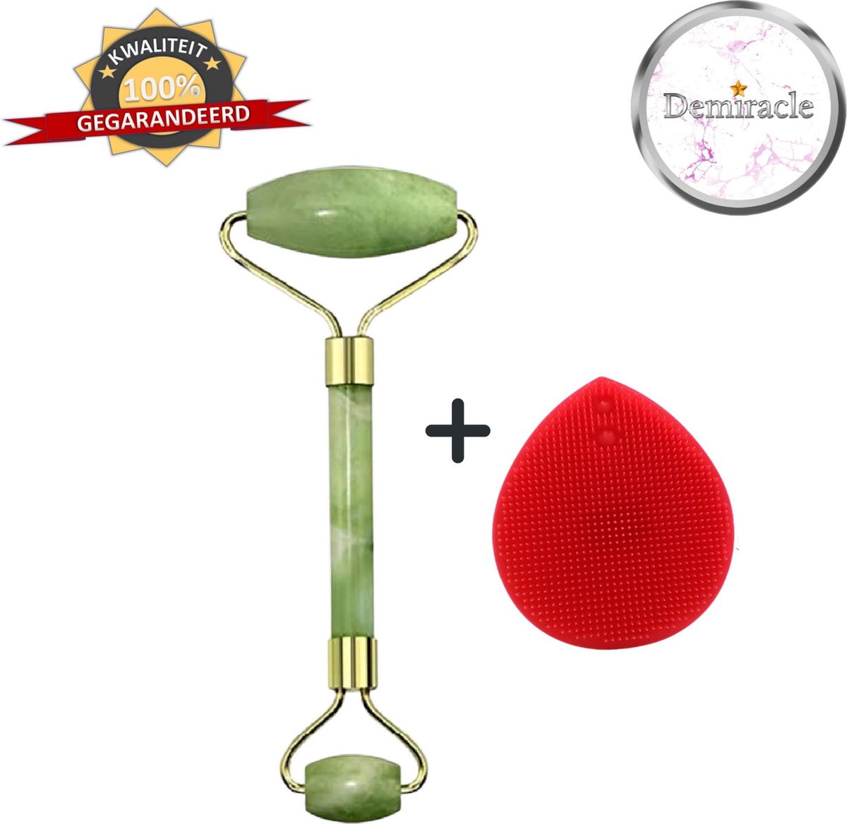 Goedkoopste Demiracle Jade Face Roller met Rode Siliconen Gezichtsborstel - Cadeau - Gezichtsroller - Massage Roller - Jade Roller - Rimpelverwijdering - Ontspanning - Kwaliteit