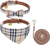 Pepets © Luxe Hondenriem set – Halsband Hond – Bandana Hond – Strik Hond – Hondenstrik – Hondenhalsband – Leiband Hond -Beige Ruit - Maat M