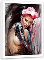 Foto in frame ,  Vrouw met tattoo ,70x100cm , Multikleur , wanddecoratie