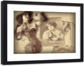 Foto in frame , Oude foto van een vrouw ,120x80cm , beige bruin , wanddecoratie