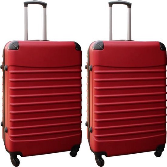 Twee rode koffers met handvat en wieltjes.