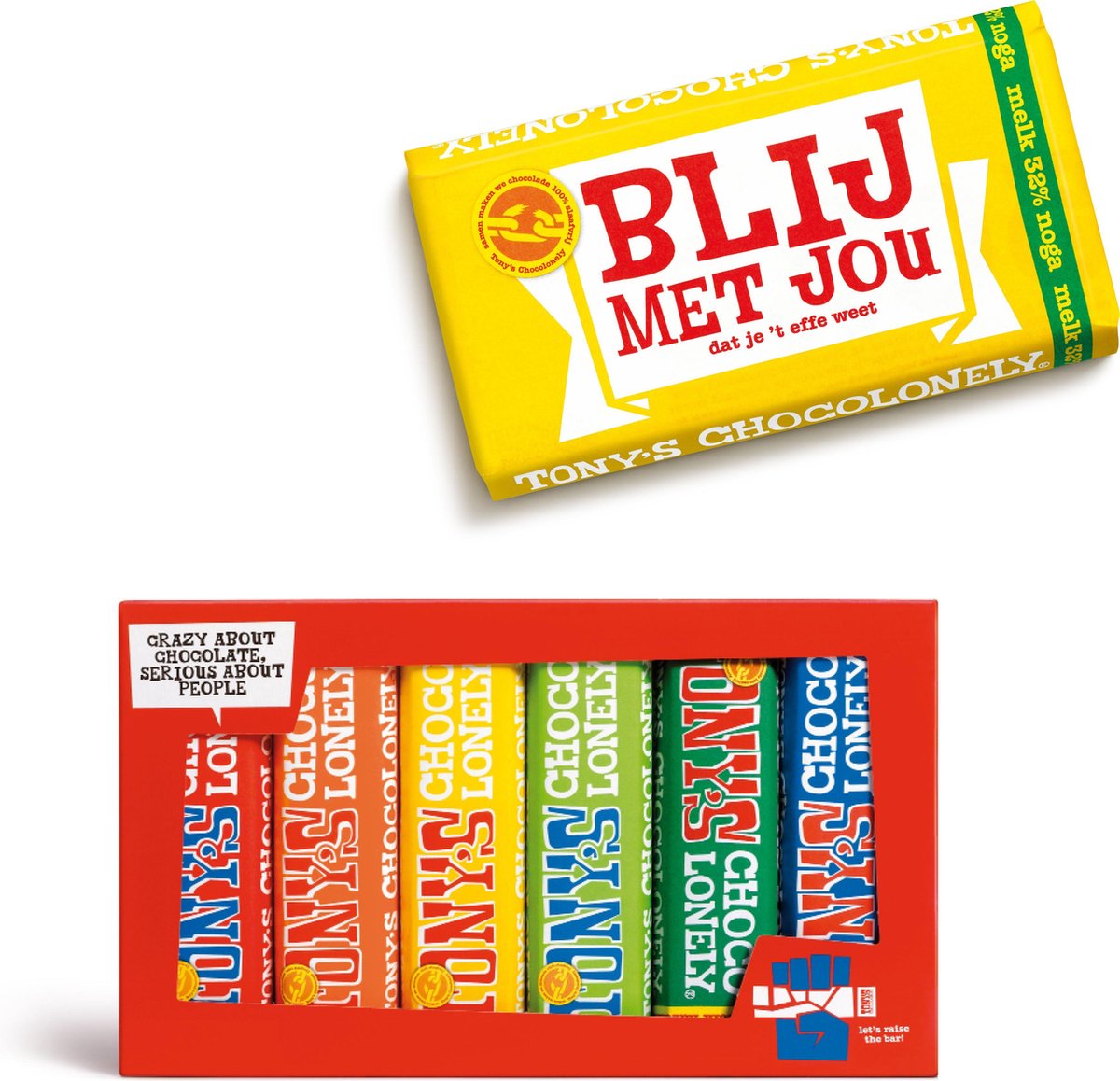 Tony's Chocolonely - Chocoladecadeau - Lief - Melk Noga Blij met jou + Proeverijtje melk en puur - Geschenkset - Fairtrade chocolade