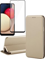Hoesje geschikt voor Samsung Galaxy A02s - Screen Protector FullGuard - Book Case Leer ThinShield Goud & Screenprotector