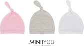 MINIIYOU - 3 pack - newborn babymutsjes met knoop - effen roze - baby muts