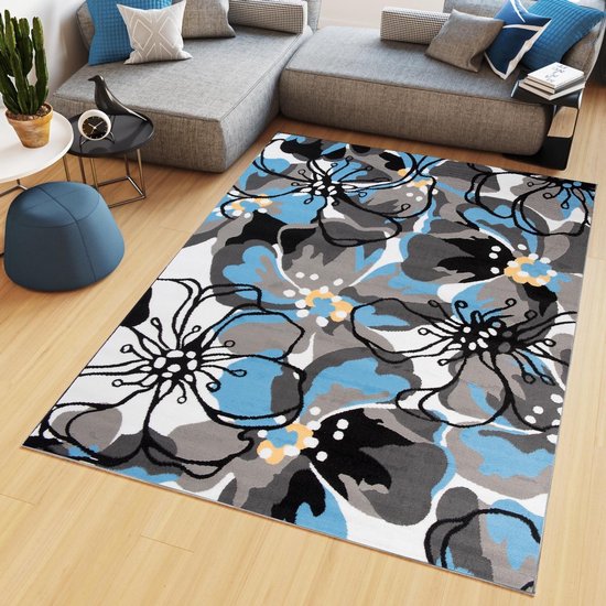 Tapiso Maya Vloerkleed Grijs Blauw Bloemen Laagpolig Tapijt Maat- 140x200