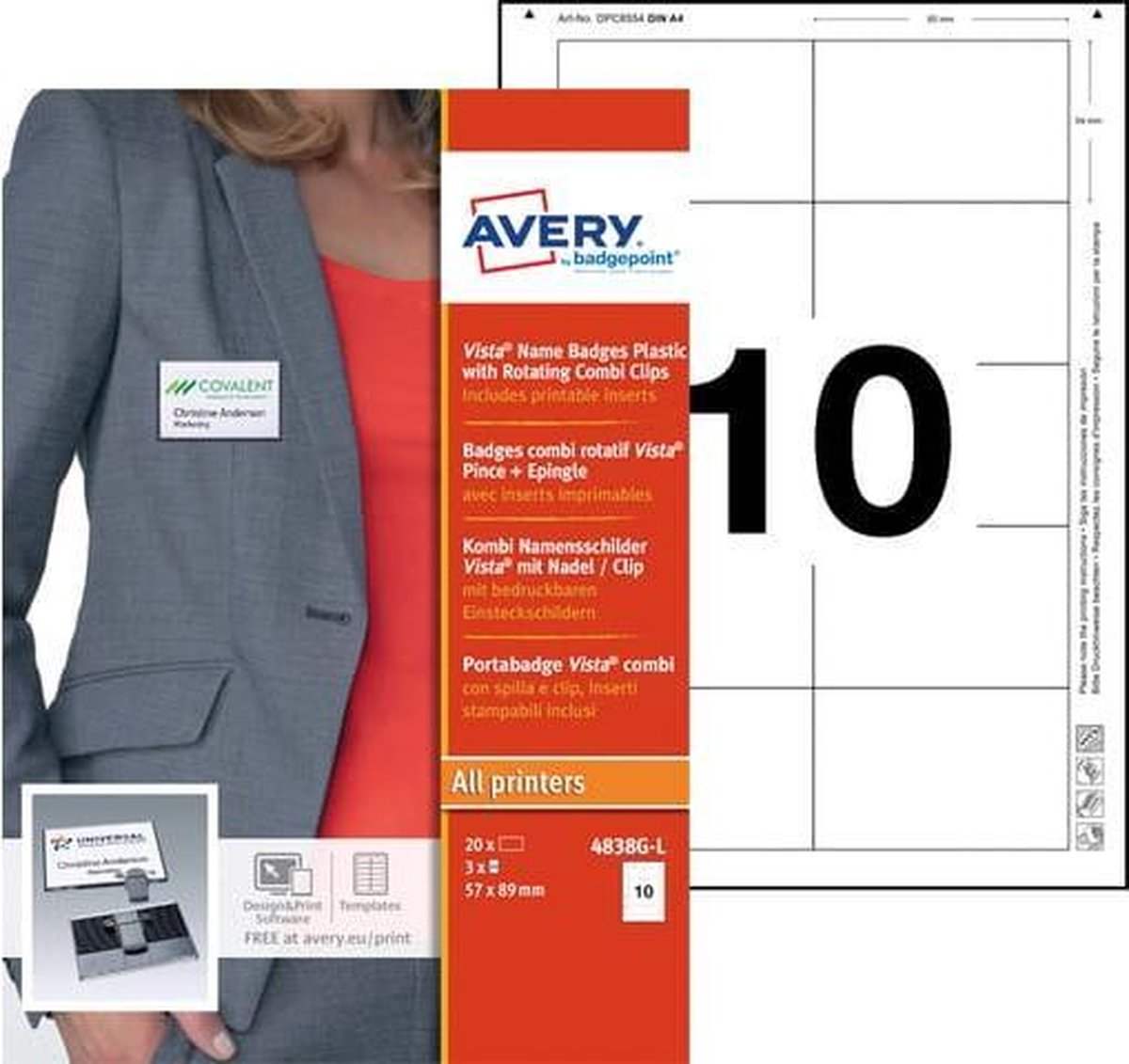 Naambadge Avery Vista 57x89mm - 20 x grijs met combiclip