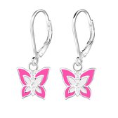 Joy|S - Zilveren vlinder oorbellen - roze wit - leverback sluiting