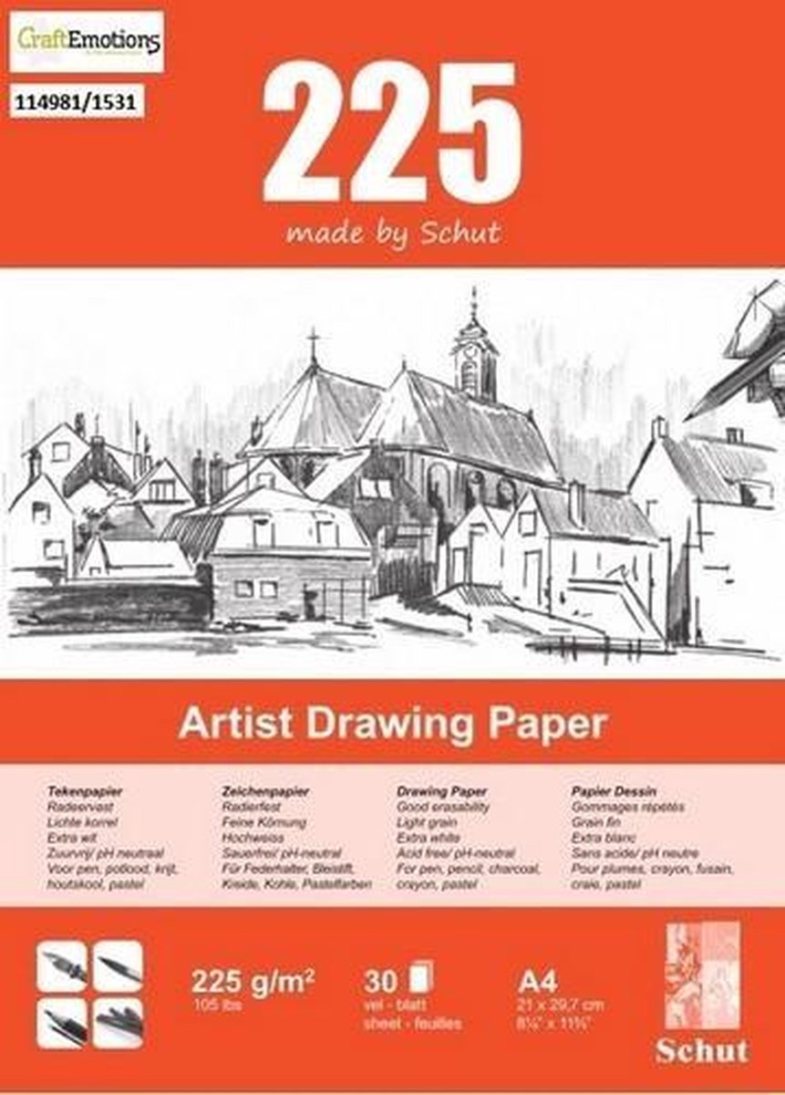 Schut Artist Drawing Paper 225 gram A4 Blok Van 30 Vellen - Professioneel Tekenpapier Zuurvrij - Tekenpapier Voor Potlood, Houtskool, Pastel, Krijt En Pen