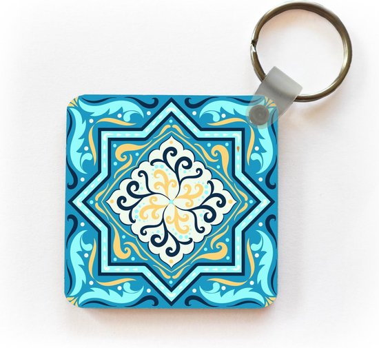 Porte-clés Motif carré 1: 1 - Motif carré avec une étoile et décorations sur fond bleu Porte-clés plastique - Porte-clés carré avec photo