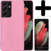 Samsung S21 Ultra Hoesje Siliconen Case Met Screenprotector - Samsung S21 Ultra Hoes Cover Met Screenprotector - Licht Roze