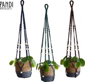 Pandi Macramé Luxe Plantenhangers - Met Kralen - Mix van 3 hangers met verschillende donkere kleuren - Blauw - Groen - Bruin