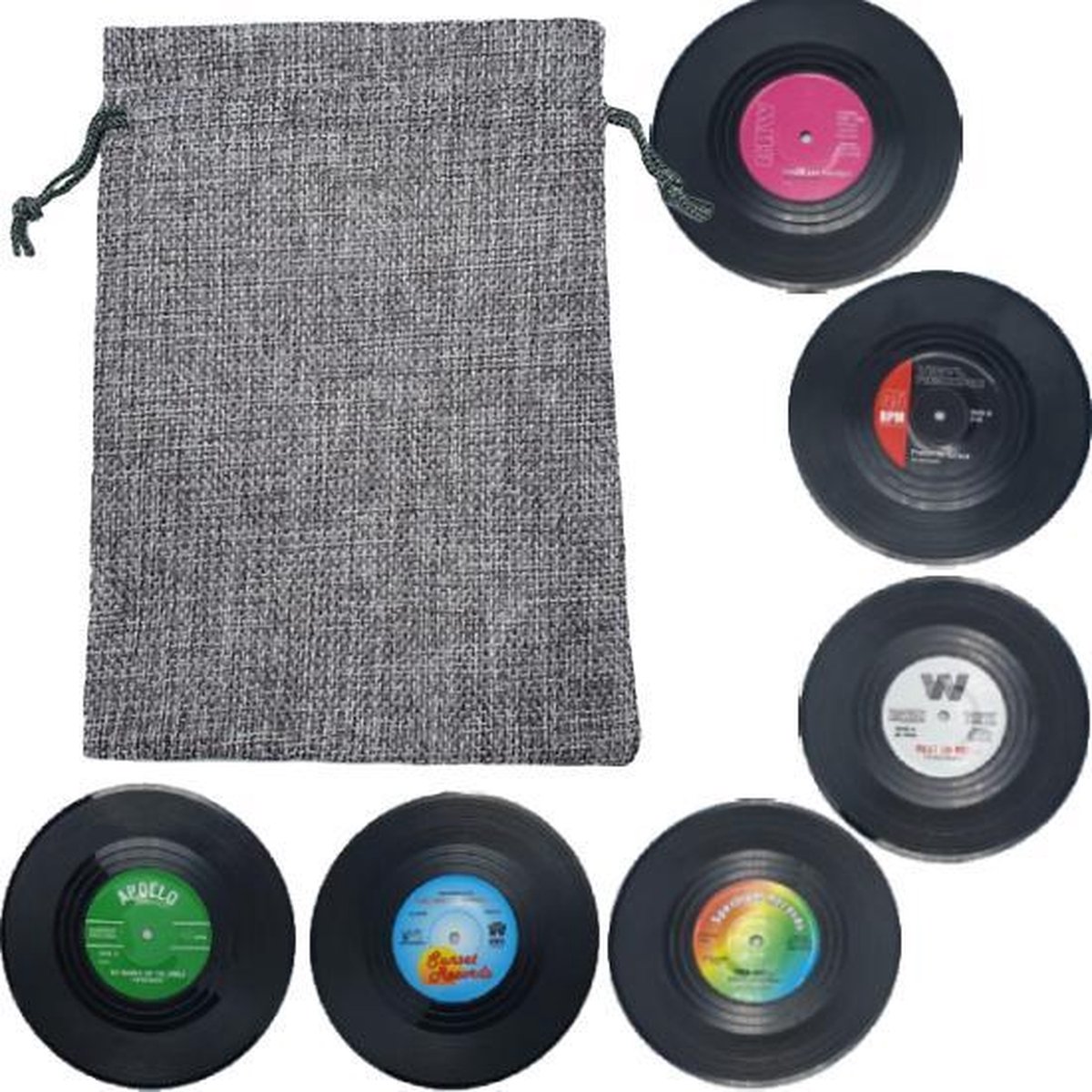 Retro LP Vinyl Onderzetters - 6 stuks – Met Grijs Opbergzakje - oDaani