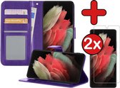 Samsung S21 Ultra Hoesje Book Case Met 2x Screenprotector - Samsung Galaxy S21 Ultra Hoesje Wallet Case Portemonnee Hoes Cover - Paars
