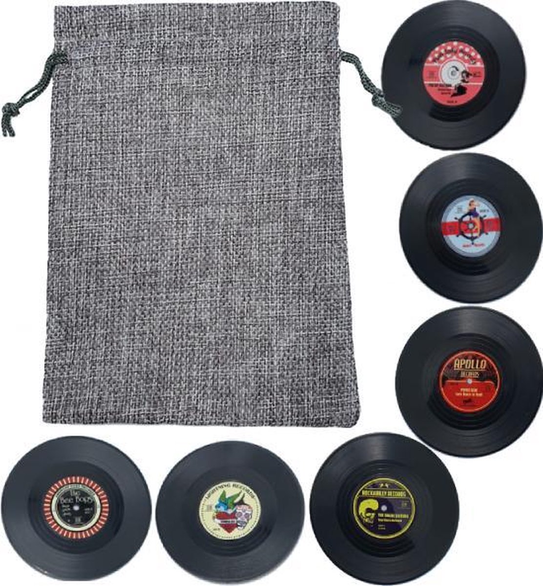Retro Rockabilly LP Vinyl Onderzetters - 6 stuks - Met Grijs Opbergzakje - oDaani