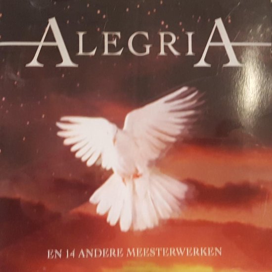 Een witte duif vliegt op tegen een achtergrond van oranje wolken en sterrenhemel met de tekst "Alegria" en "en 14 andere meesterwerken".