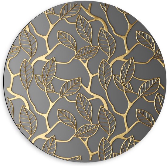 Dibond Wandcirkel - Patroon van Gouden Bladeren - Foto op Aluminium Wandcirkel (met ophangsysteem)