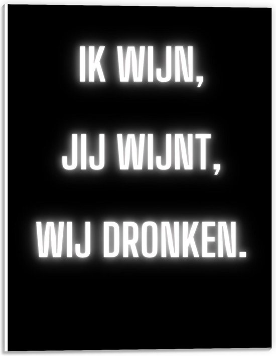 Forex - Tekst: ''Ik Wijn, Jij Wijnt, WIj dronken'' Neon Letters Wit/Zwart - 30x40cm Foto op Forex