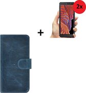 Samsung Galaxy Xcover 5 hoesje - Samsung Galaxy Xcover 5 Screenprotector - Samsung Xcover 5 Wallet Book Case Echt Leer Denim Blauw + 2x Screenprotector