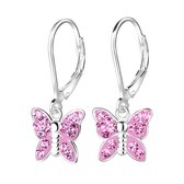 Joy|S - Zilveren vlinder oorbellen - roze kristal - leverback sluiting