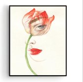 Poster Vrouw met Rode Bloem - Planten Bloemen Poster - Art / Kunst -Muurdecoratie - 70x50cm - Postercity