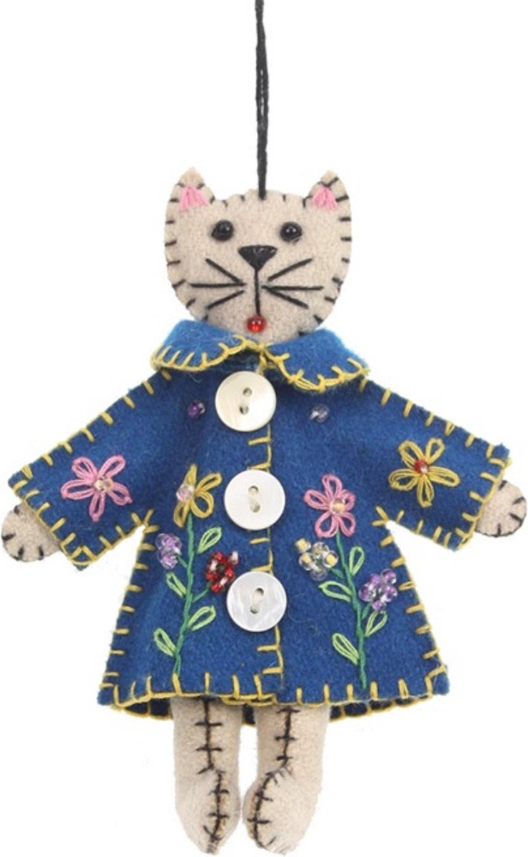 Kat met jas blauw/bloemen, vilt 10,2cm