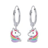 Joy|S - Zilveren paard bedel oorbellen unicorn oorringen eenhoorn multicolor