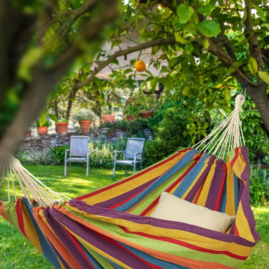 Relaxdays 2 persoons hangmat - tot 300 kg - tweepersoons - buiten - katoen - opbergtas - geel/groen/blauw/rood - Relaxdays