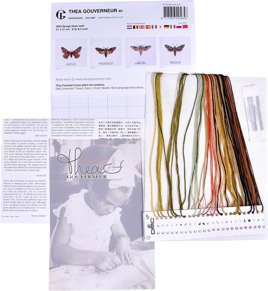 Thea Gouverneur - Borduurpakket met telpatroon - 565A - Voorgesorteerde DMC Garens - Wolfsmelkpijlstaart Vlinder - Aida - 21 cm x 21 cm - DIY Kit Thea Gouverneur - Borduurpakket met telpatroon - 565A - Voorgesorteerde DMC Garens - Wolfsmelkpijlstaart Vlinder - Aida - 21 cm x 21 cm - DIY Kit